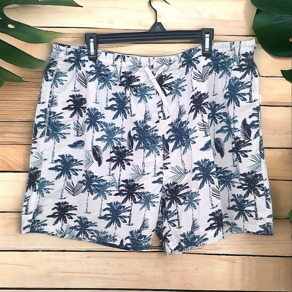 Marinawest Men's Blue Green & White Tropical Palm Tree Swim Trunks Size XL